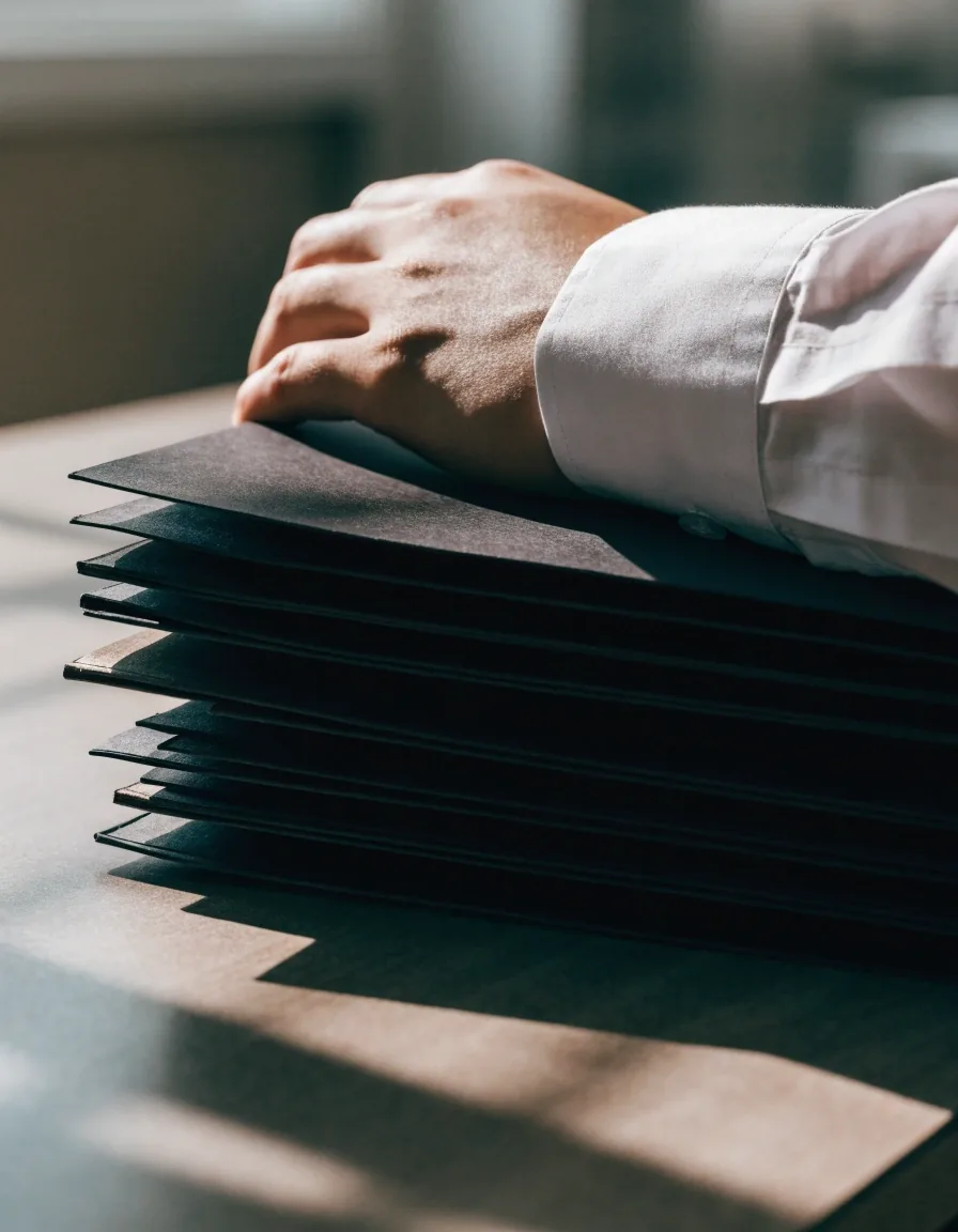 Hand auf geschlossenen Aktenmappen bei der Anlageberatung