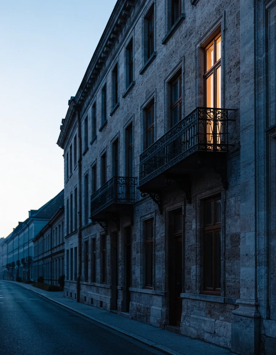 Kölner Straßenfassade in der Morgendämmerung mit einem beleuchteten Fenster