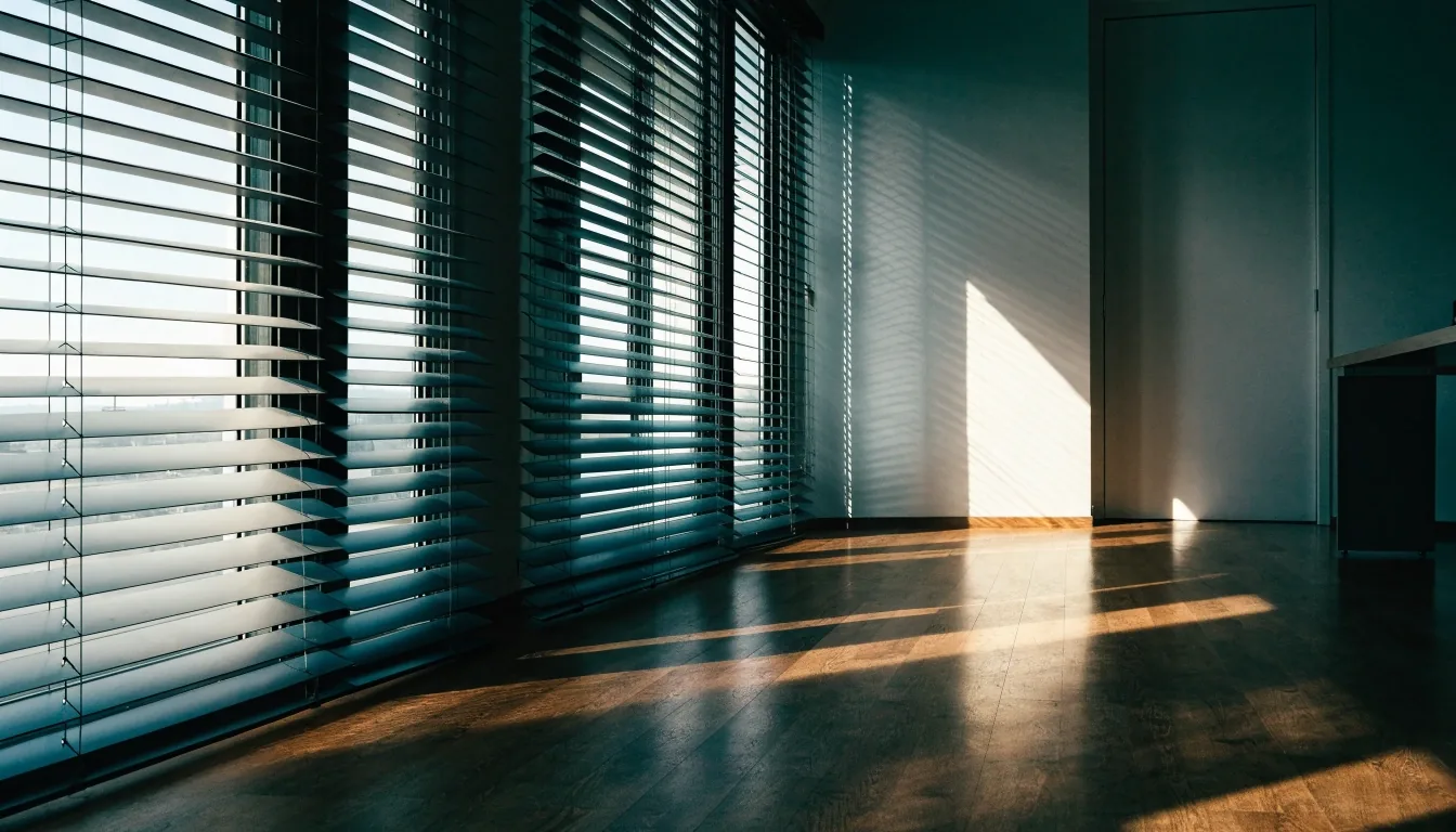 Leeres Büro im Morgenlicht mit halb geöffneten Jalousien
