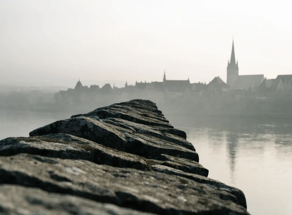 Rheinufer im Winternebel mit Steinbrüstung im Vordergrund