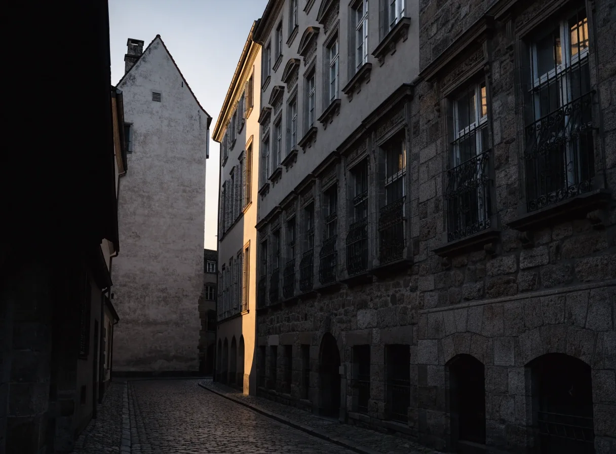 Kölner Straßenfassade in der Morgendämmerung mit Lichtkante