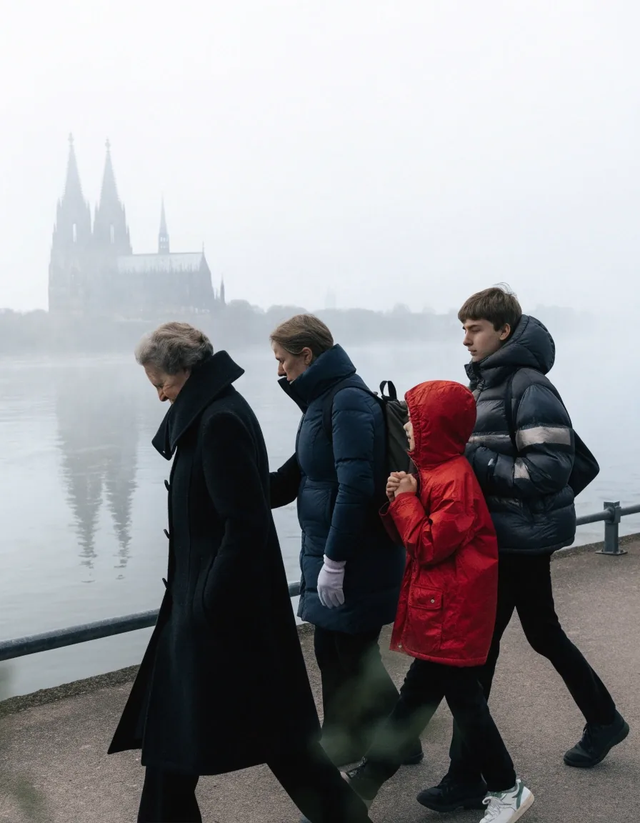 Rheinufer in Köln im Winternebel mit Steinbrüstung im Vordergrund
