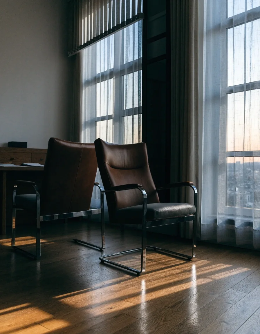 Ruhiges Büro im ersten Morgenlicht mit halb geöffneten Jalousien
